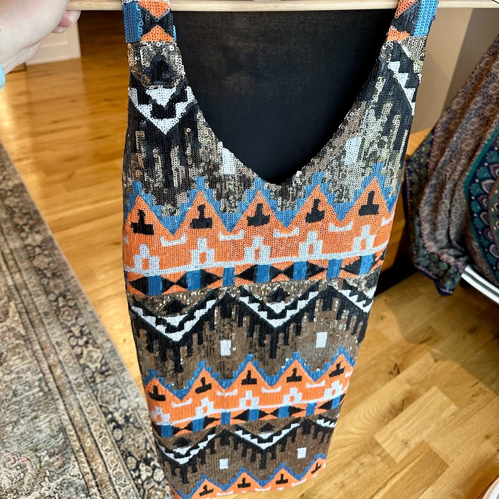 Vibrant Orange Tribal Sequins Aztec Geometric Bodycon